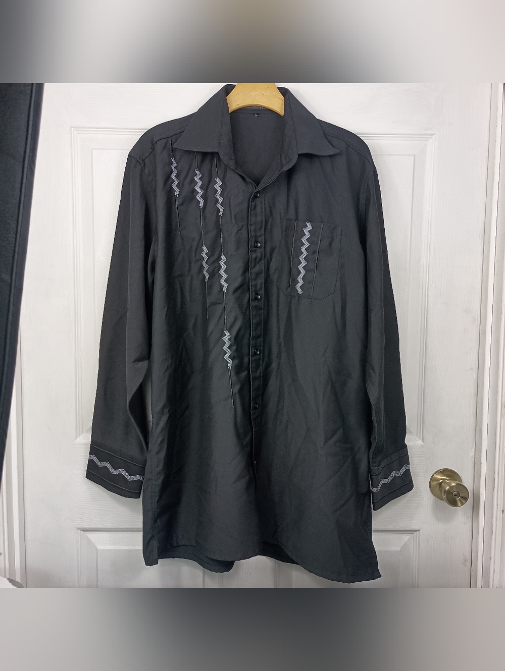 Mens Western Shirt Large Black 100% Wool Embroidered Rockabilly Button Up Pocket